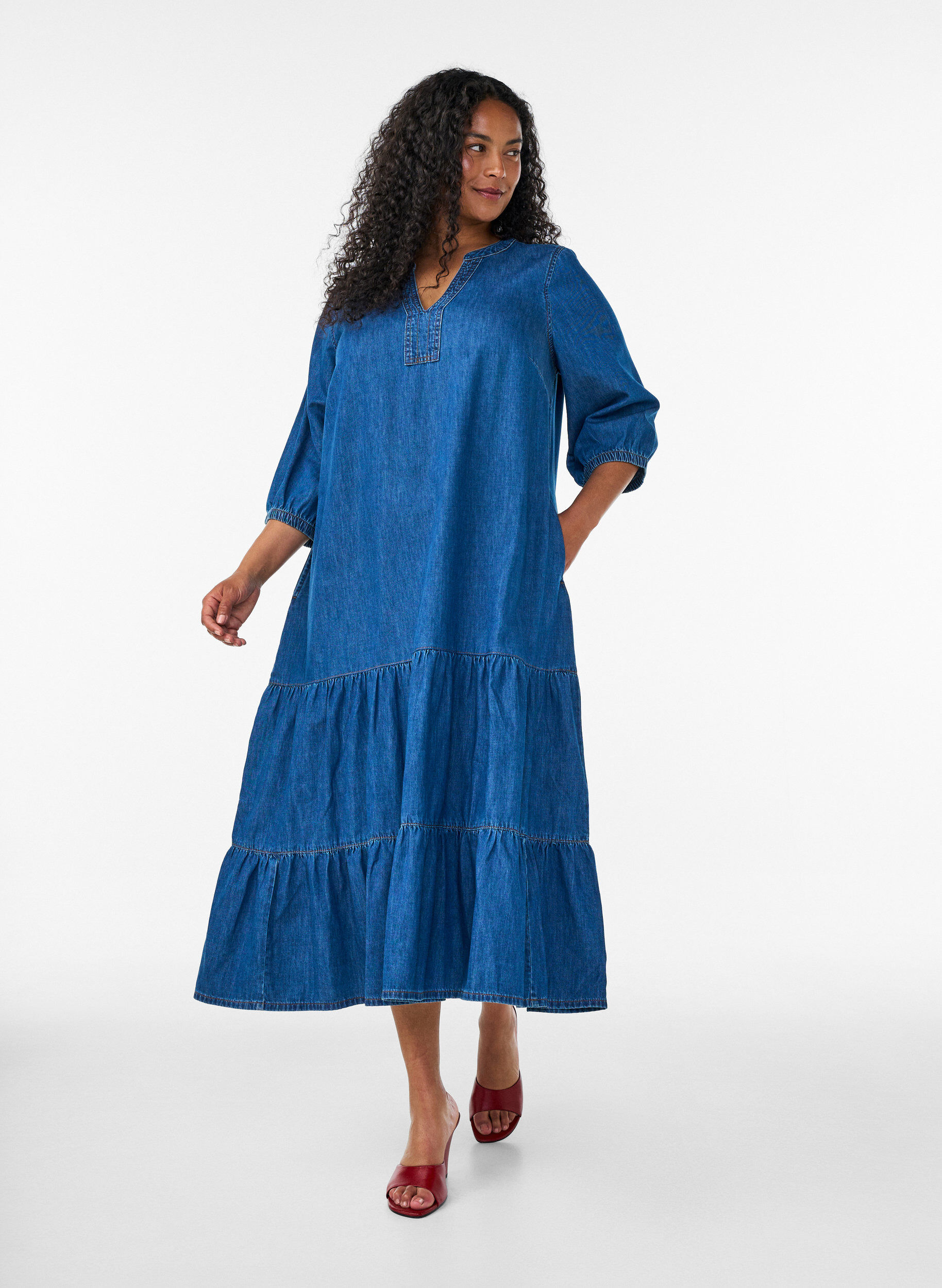 ZizziDenim maxi-jurk met gerimpelde lagen, Blauw, Model image number 0