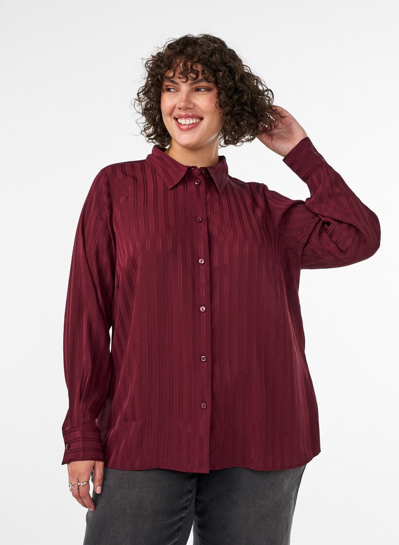 Chemise &agrave; rayures textur&eacute;es et fils paillet&eacute;s, Bordeaux, Model image number 0