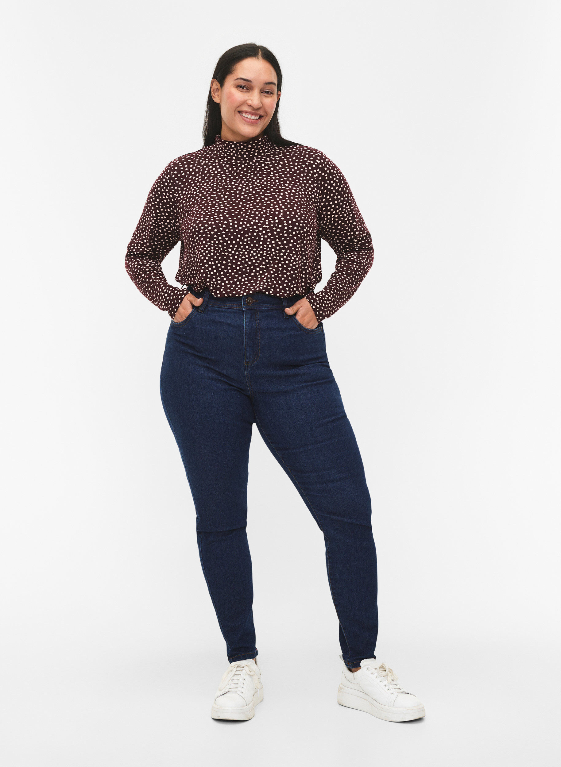 ZizziFLASH - Blouse met lange mouwen en col, Donker Bordeaux, Model image number 1