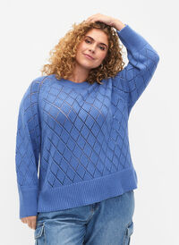 Gebreide blouse met lange mouwen en een gaatjespatroon, Blue Bonnet, Model