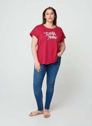 T-shirt en coton à manches courtes avec imprimé, Cerise w. Trouble , Model image number 2