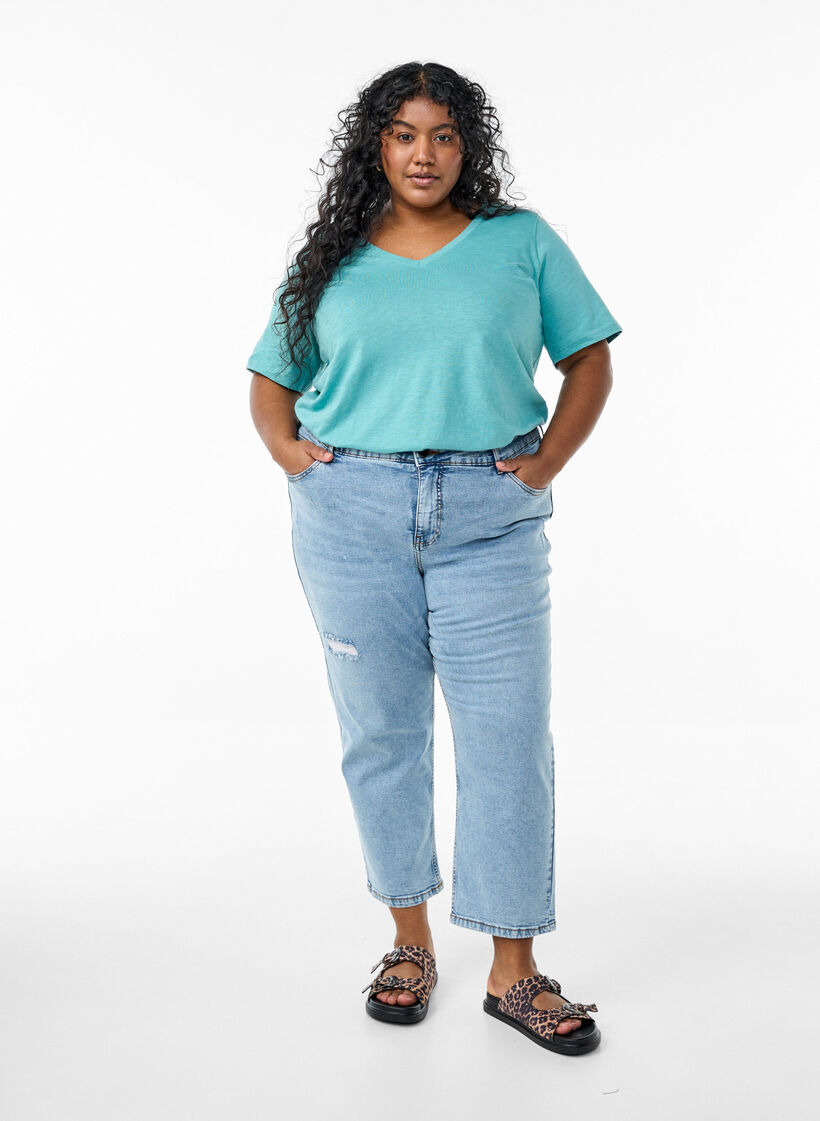 Basic t-shirt met korte mouwen en v-hals, Blauw, Model image number 1