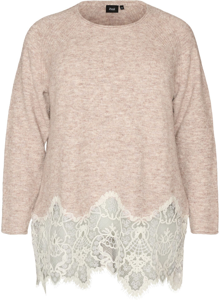Gebreide blouse met raglanmouwen en een brede kanten rand, Beige, Packshot image number 0