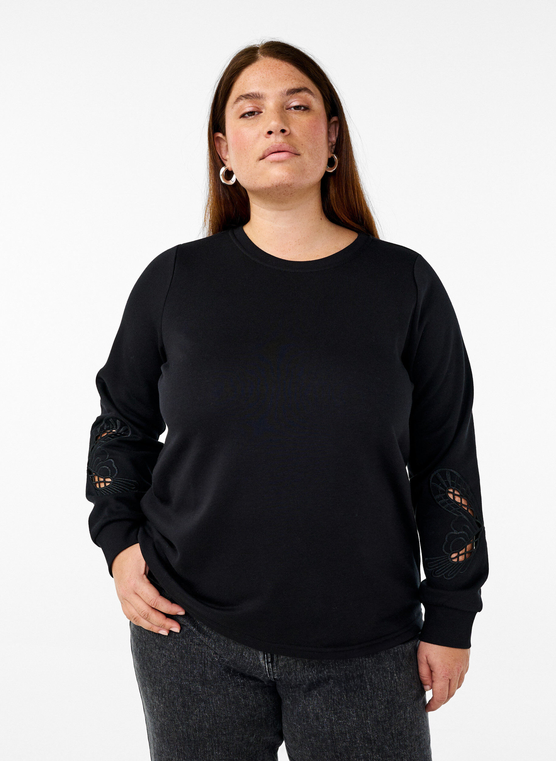 ZizziSweatshirt met geborduurde uitsneden, Black, Model image number 0