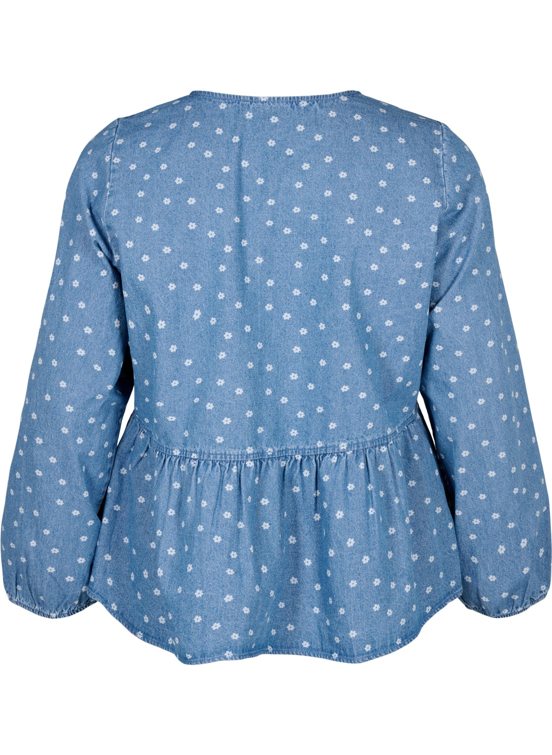 ZizziDenim peplum blouse met striksluiting, Light Blue w.Flowers, Packshot image number 1