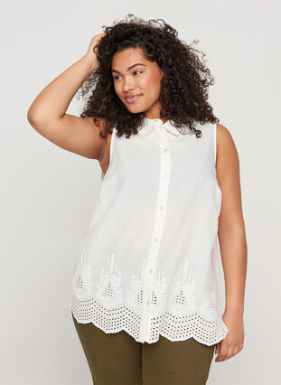 Mouwloze katoenen blouse met anglaise borduursel, Bright White, Model image number 0