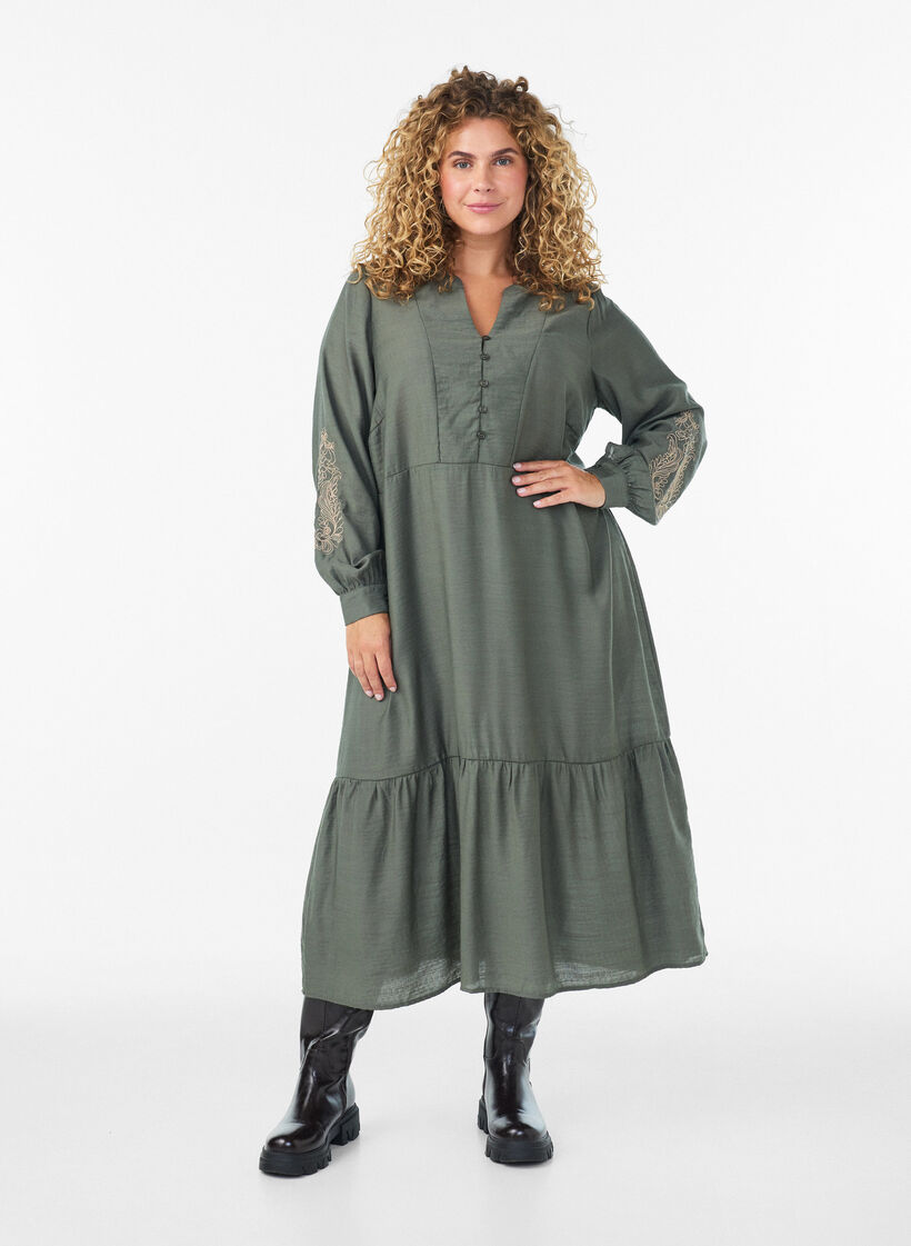 Viscose jurk met borduurwerk en stroken met ruches, Groen, Model image number 0
