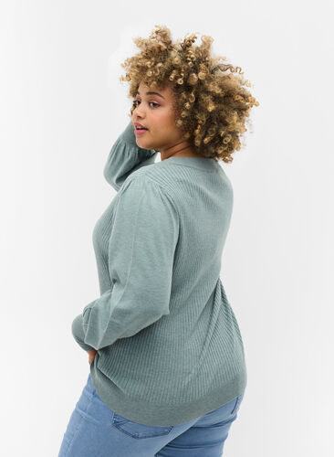Pull en tricot à manches bouffantes, Sagebrush Green Mel, Model image number 1