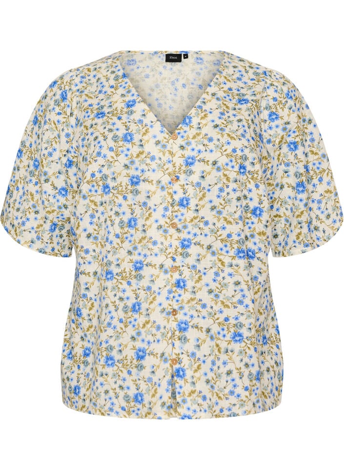 Katoenen shirt met korte mouwen en een V-hals, Blauw, Packshot