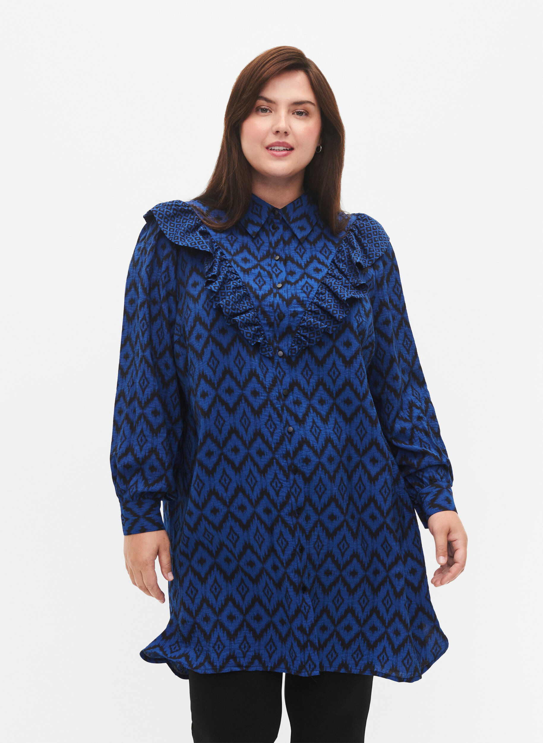 ZizziLange viscose shirt met print en franjes, True blue w. Black, Model image number 0