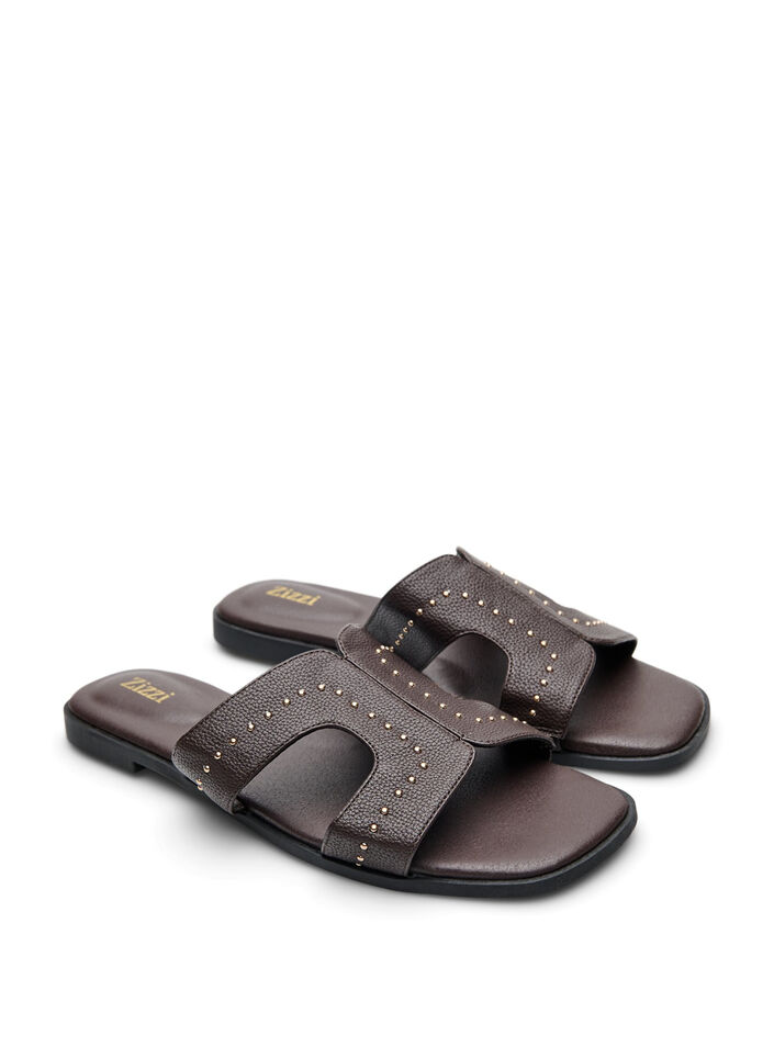Platte sandalen met studs, Bruin, Packshot image number 1