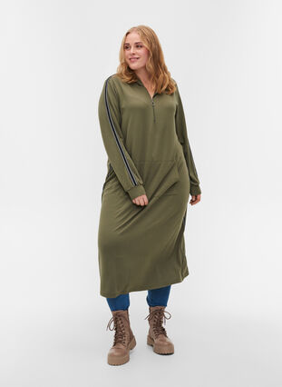 Robe pull avec capuche et détail de fermeture éclair , Dusty Olive, Model image number 0