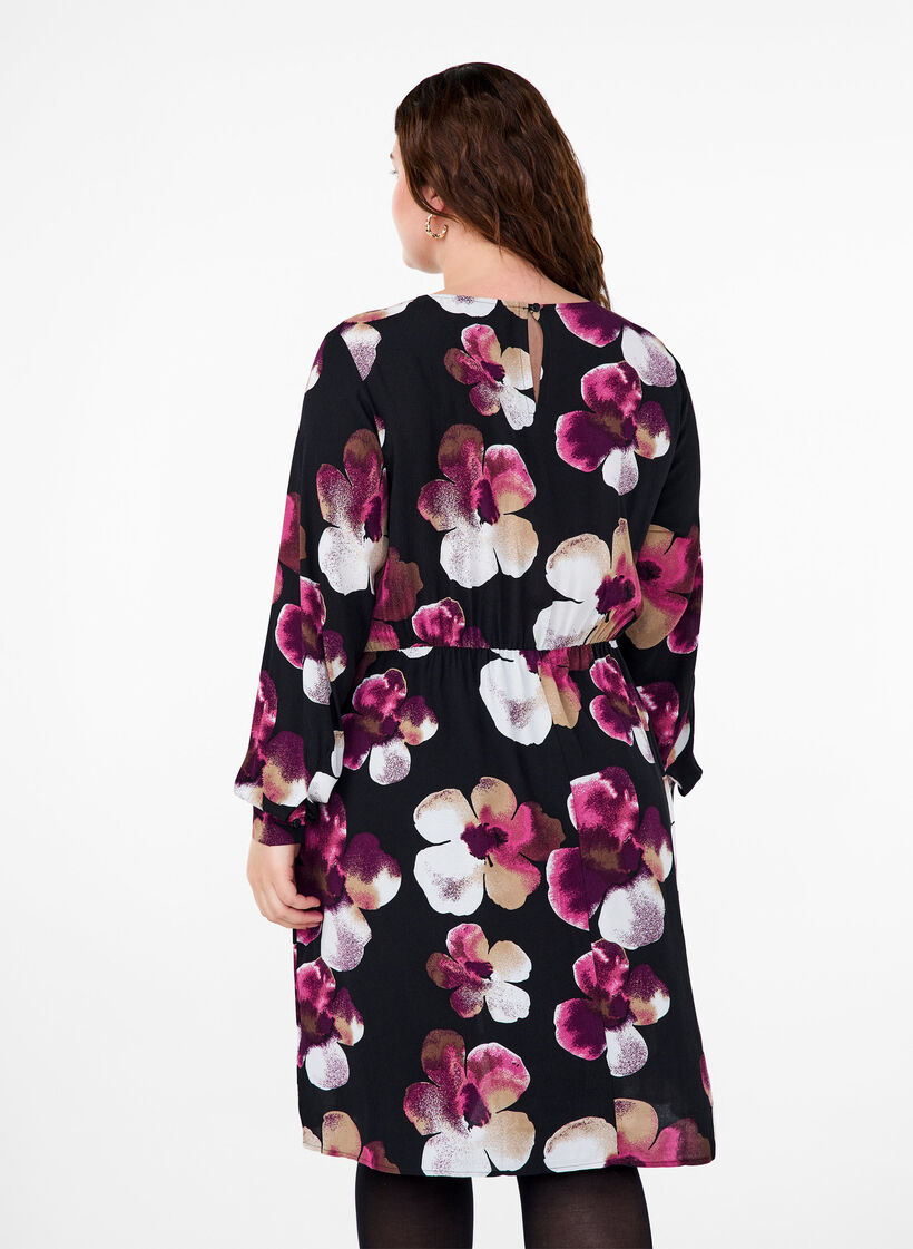 Viscose jurk met print en lange mouwen, Zwart, Model image number 2