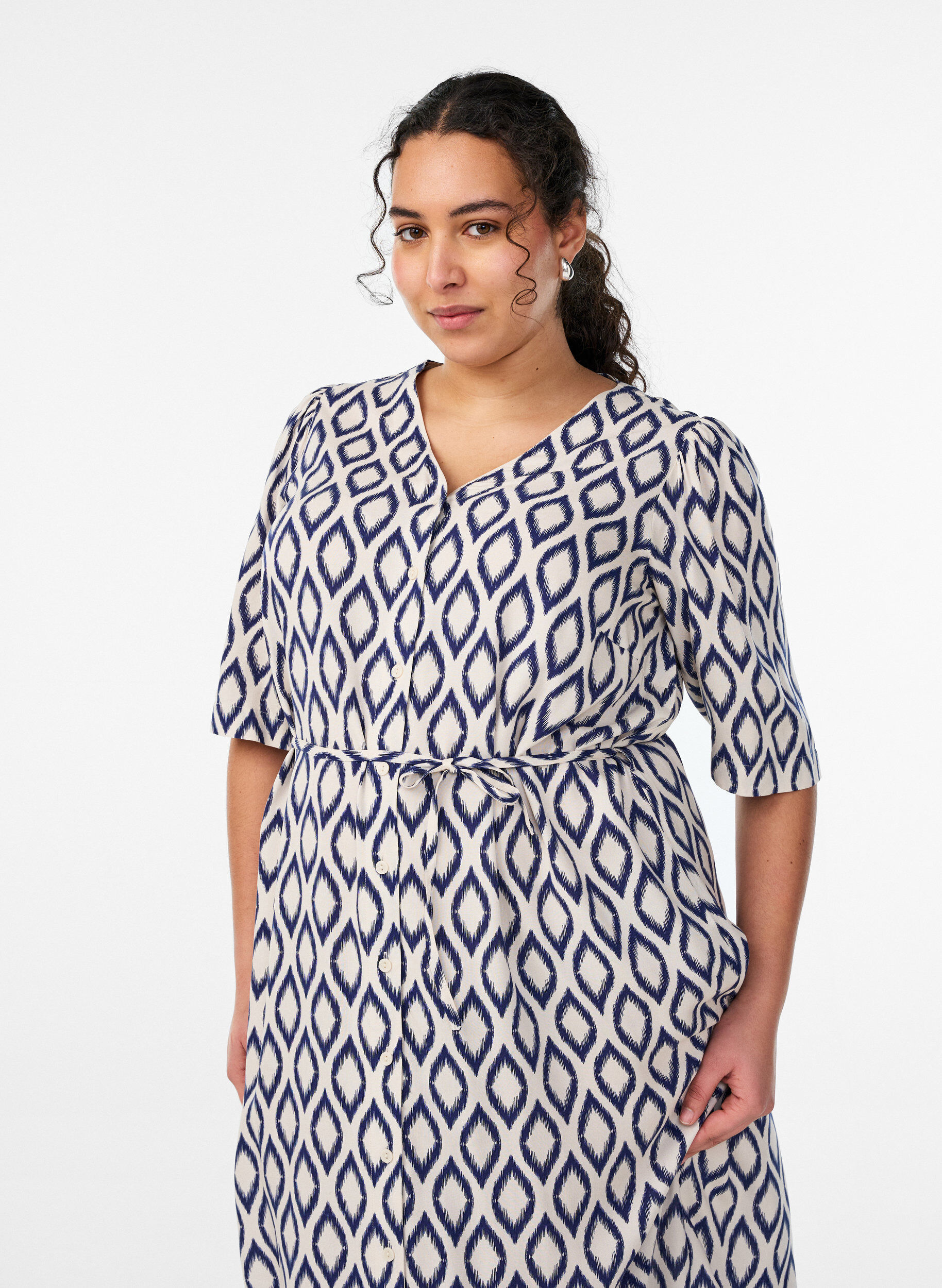 ZizziMidijurk met print en strikceintuur, Vanille, Model image number 2