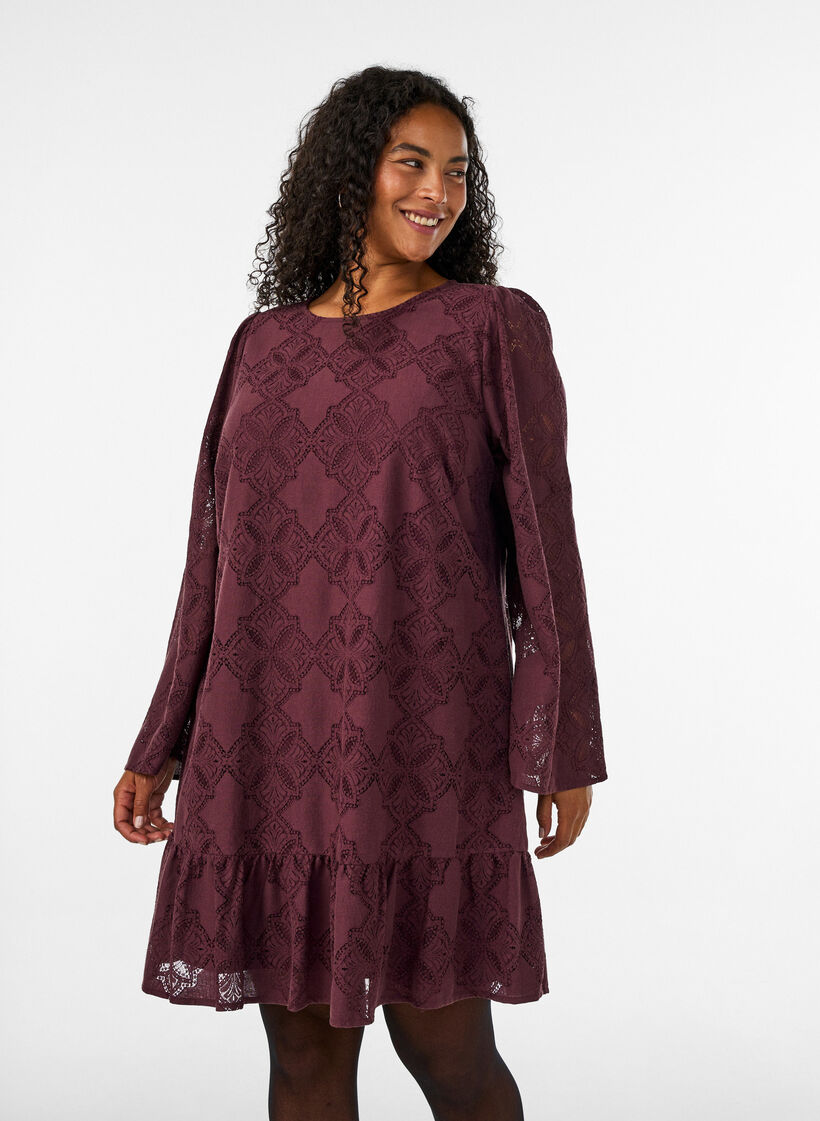 Robe en dentelle avec manches longues et ourlet &agrave; volants, Bordeaux fonc&eacute;, Model image number 0