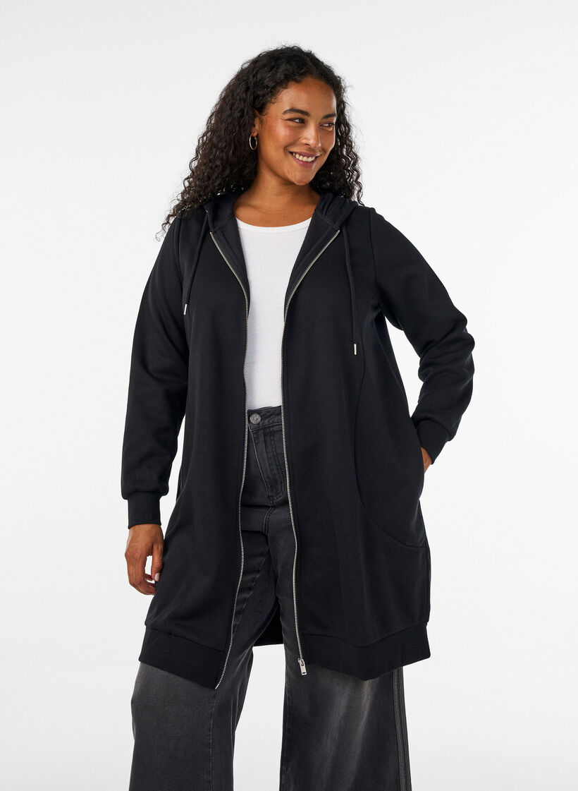 Lange hoodie met ritssluiting en zakken, Zwart, Model image number 0