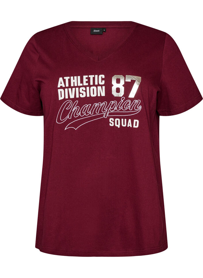 T-shirt en coton bio avec un imprim&eacute; texte sportif, Bordeaux, Packshot image number 0