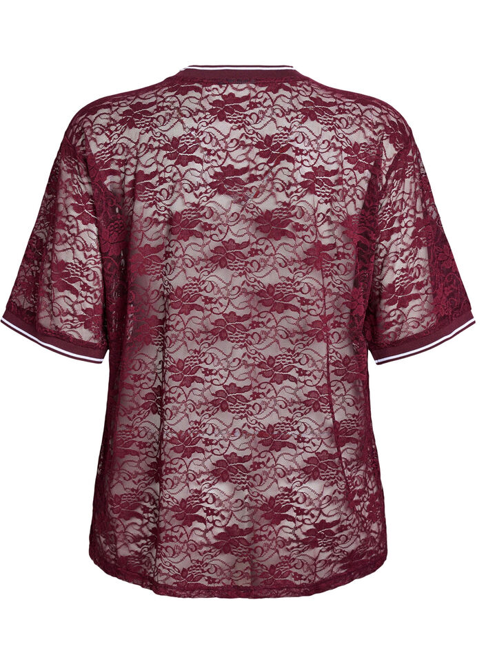 T-shirt sportif en dentelle coupe ample, Bordeaux foncé, Packshot image number 1