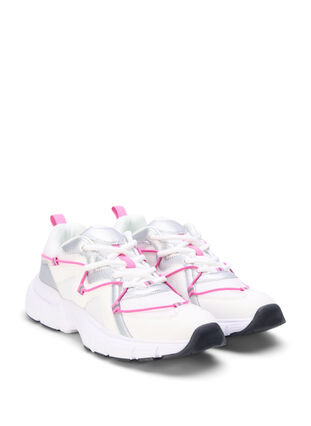 Sneakers met wijde pasvorm en contrasterend strikdetail, White w. Pink, Packshot image number 1