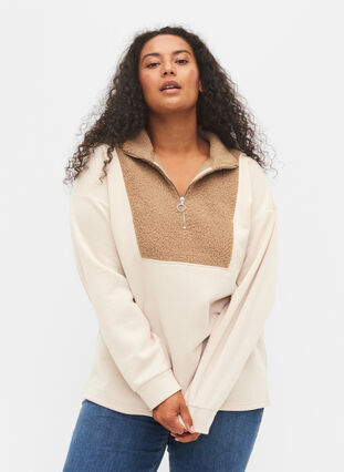 Sweater met hoge hals, teddy stof en ritssluiting, Brown Comb, Model image number 0