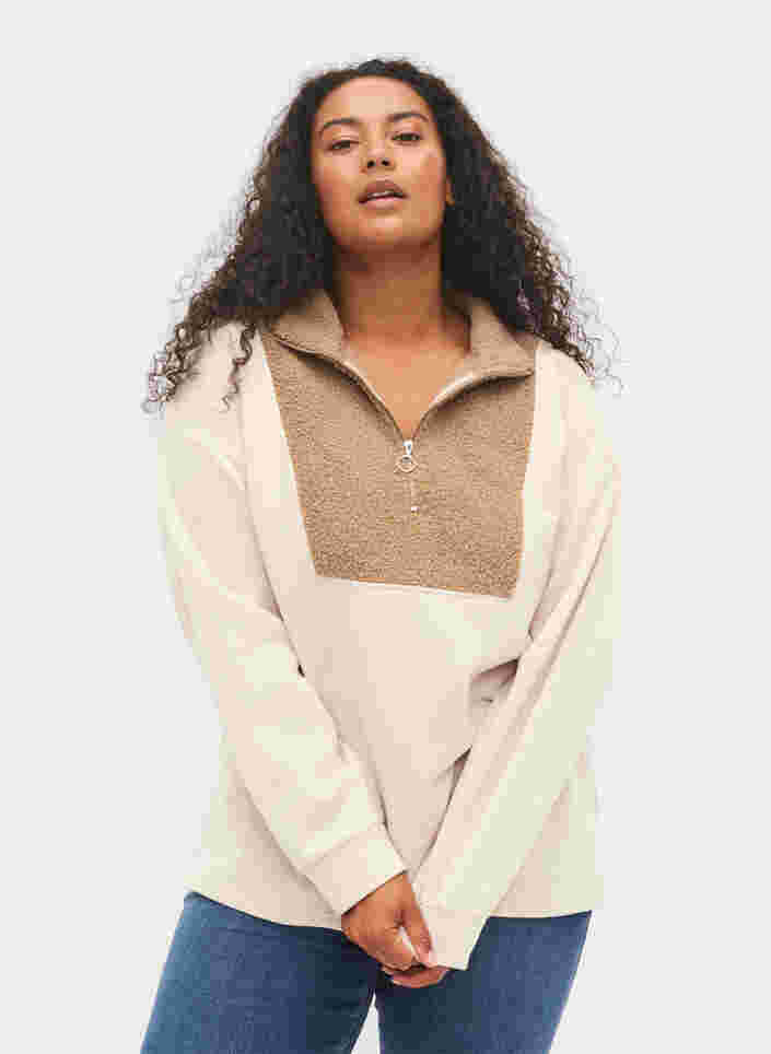 Sweater met hoge hals, teddy stof en ritssluiting, Brown Comb, Model