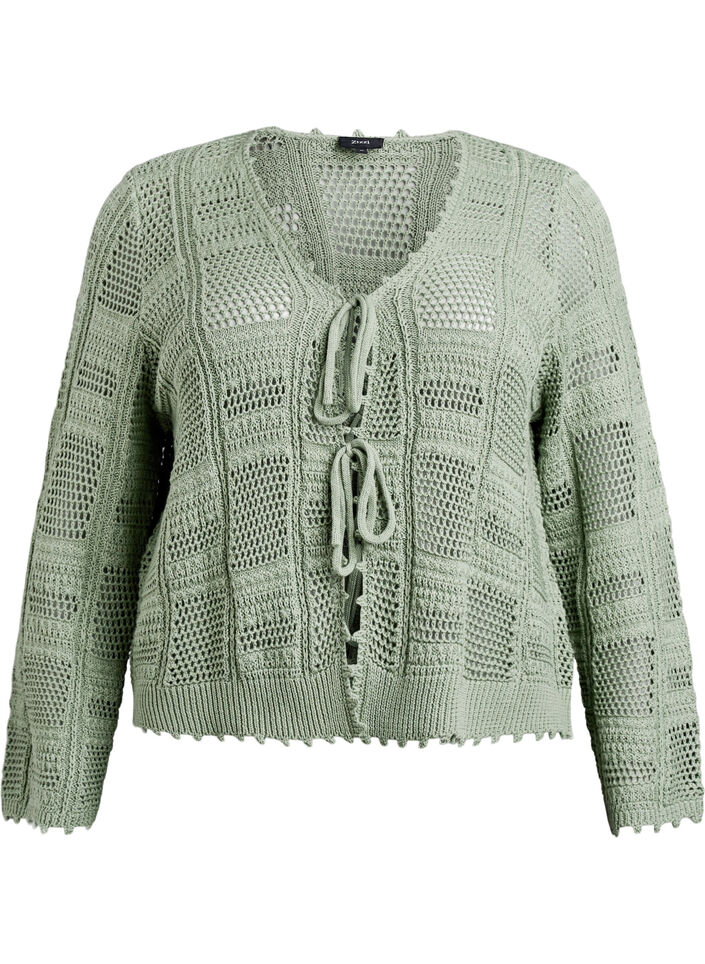 Gebreide cardigan met strikjes en een opengewerkt patroon, Groen, Packshot image number 0