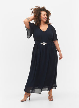 Maxi jurk met drapering en korte mouwen, Total Eclipse, Model image number 0