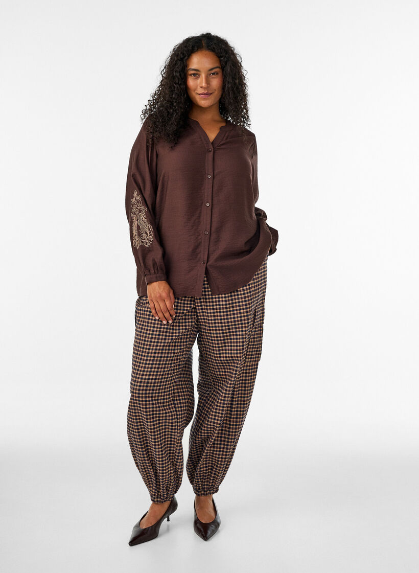 Chemise en viscose avec manches brod&eacute;es, Marron, Model image number 1