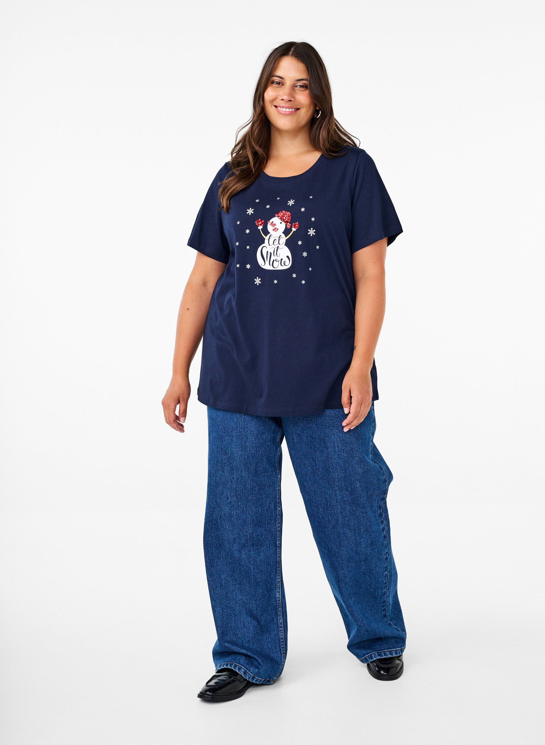 Zizzi T-shirts de No&euml;l en 100 % coton, Navy B. w. LetItSnow, Model image number 2