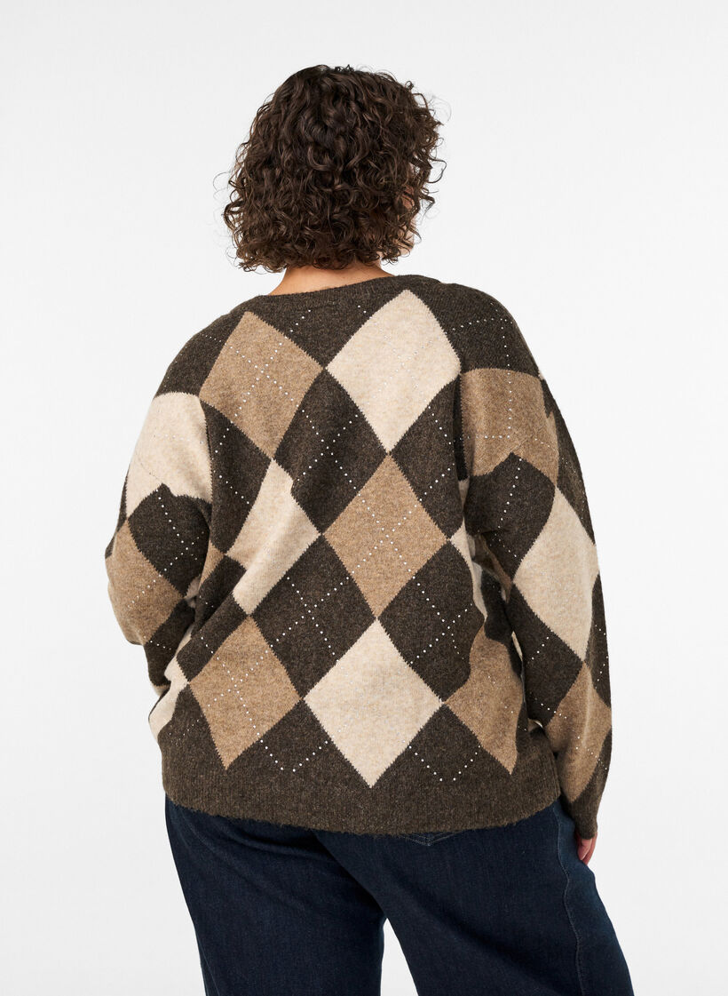 Argyle vest met strass-steentjes, Bruin, Model image number 2