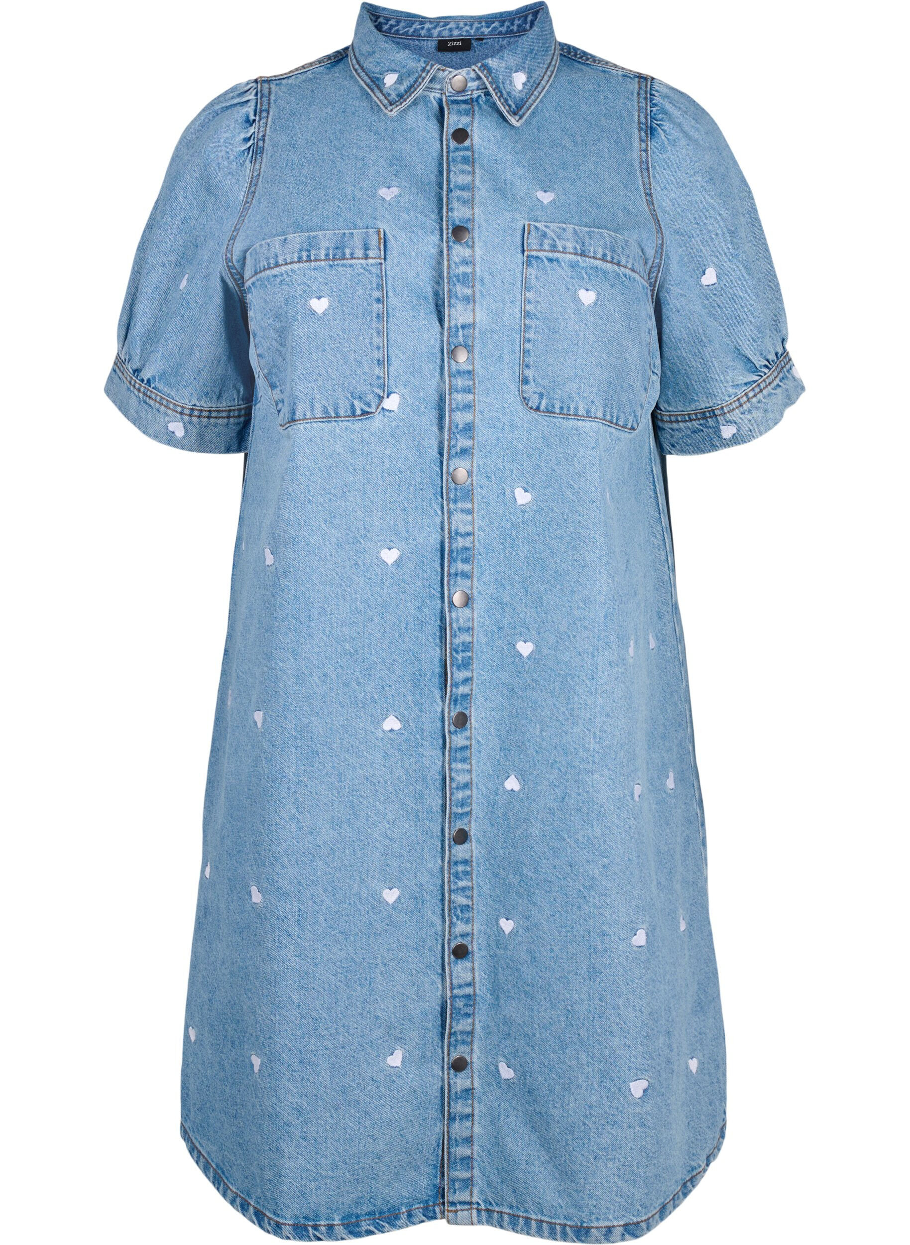 Zizzi Robe en jean orn&eacute;e de c&oelig;urs brod&eacute;s, Light blue denim, Packshot image number 0