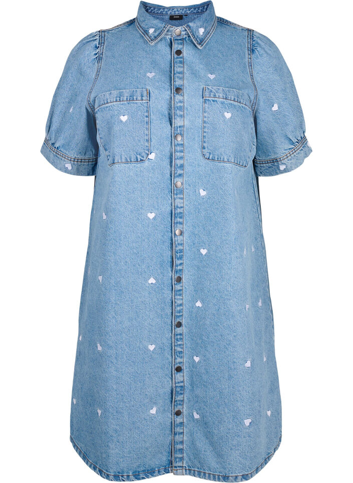 Denim jurk met geborduurde harten, Light blue denim, Packshot image number 0