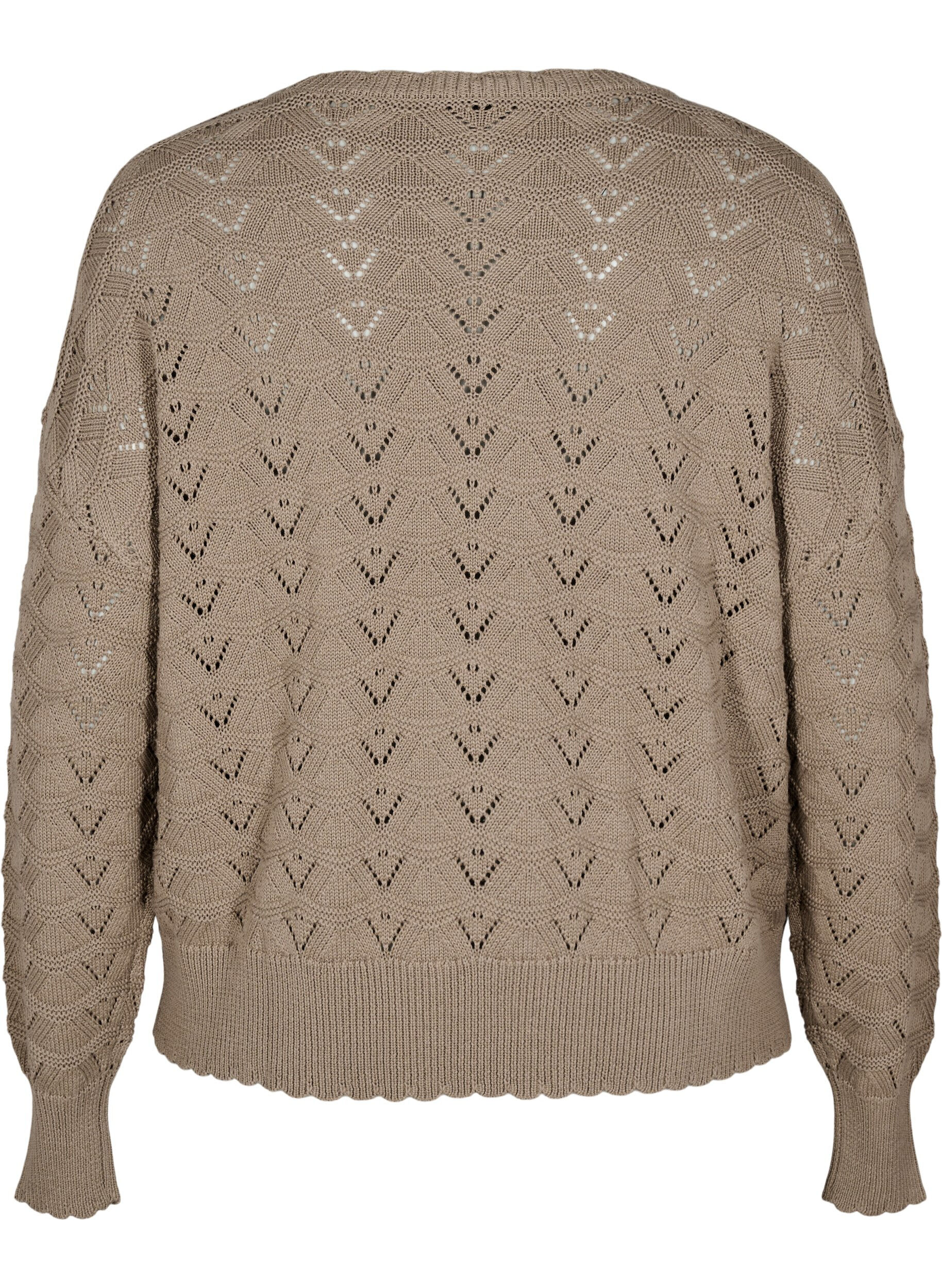 ZizziGebreide blouse met lange mouwen en een opengewerkt patroon, Desert Taupe, Packshot image number 1