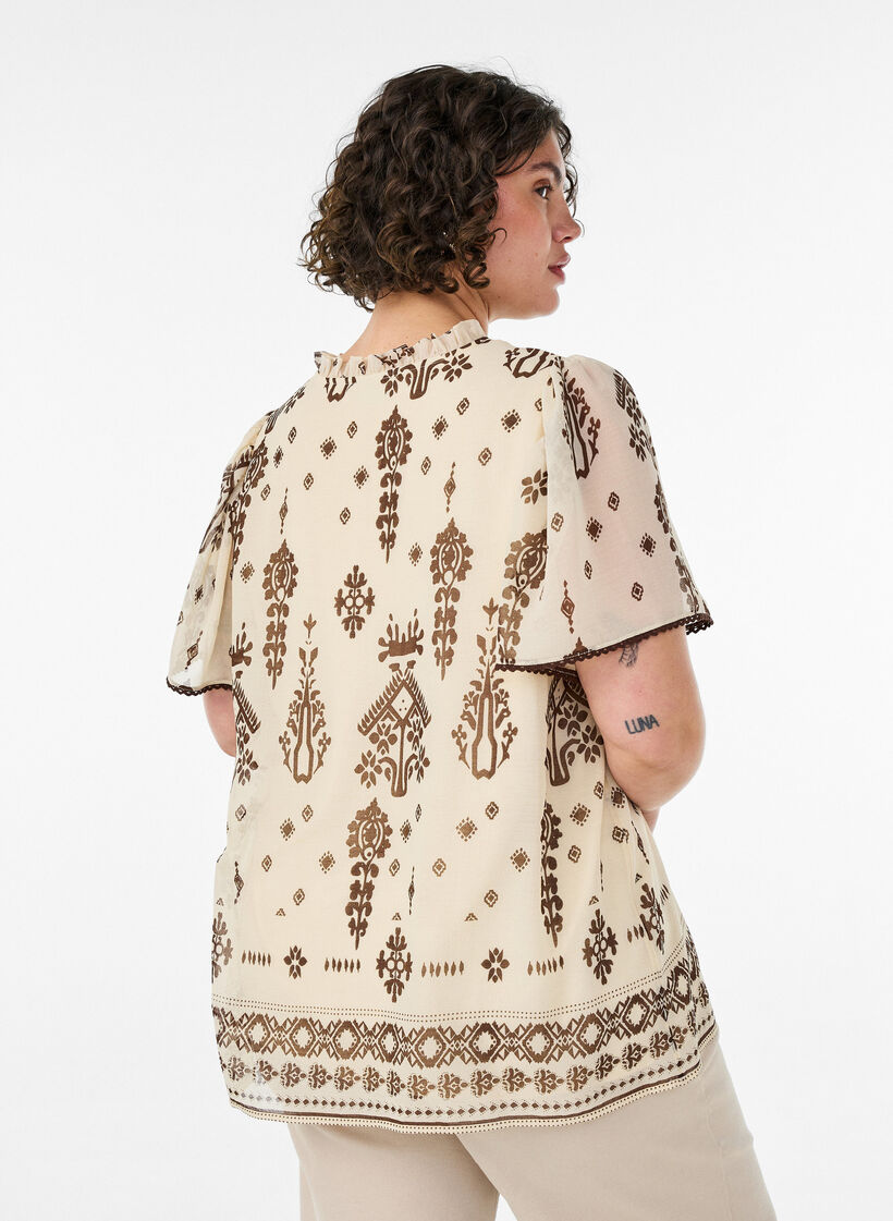 Blouse met patroon en gehaakte afwerking, Beige, Model image number 2