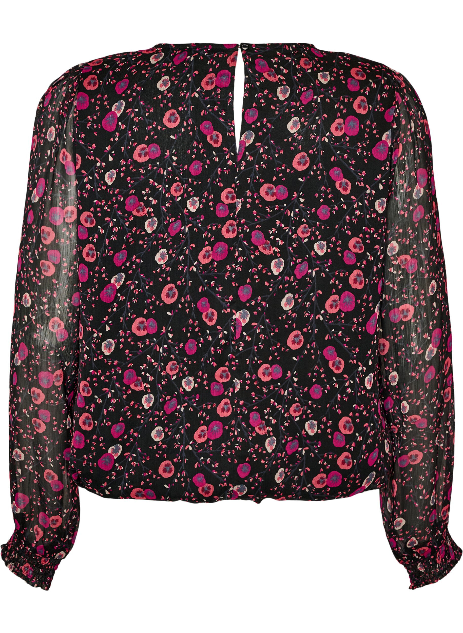 ZizziBlouse fleurie en mousseline &agrave; manches transparentes, Noir, Packshot image number 1