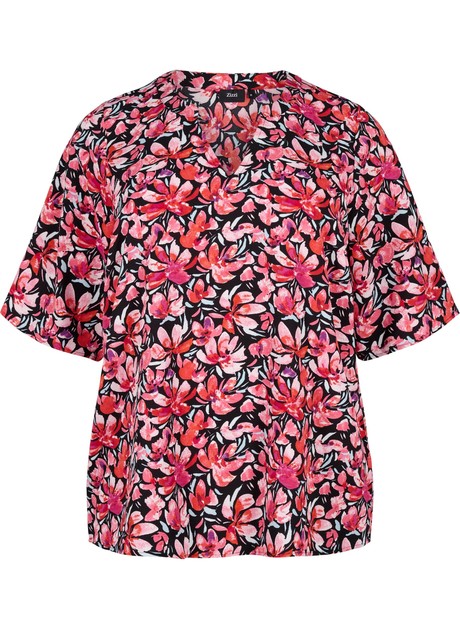 Zizzi Blouse met V-hals en bloemenprint, Black Flower AOP, Packshot image number 0