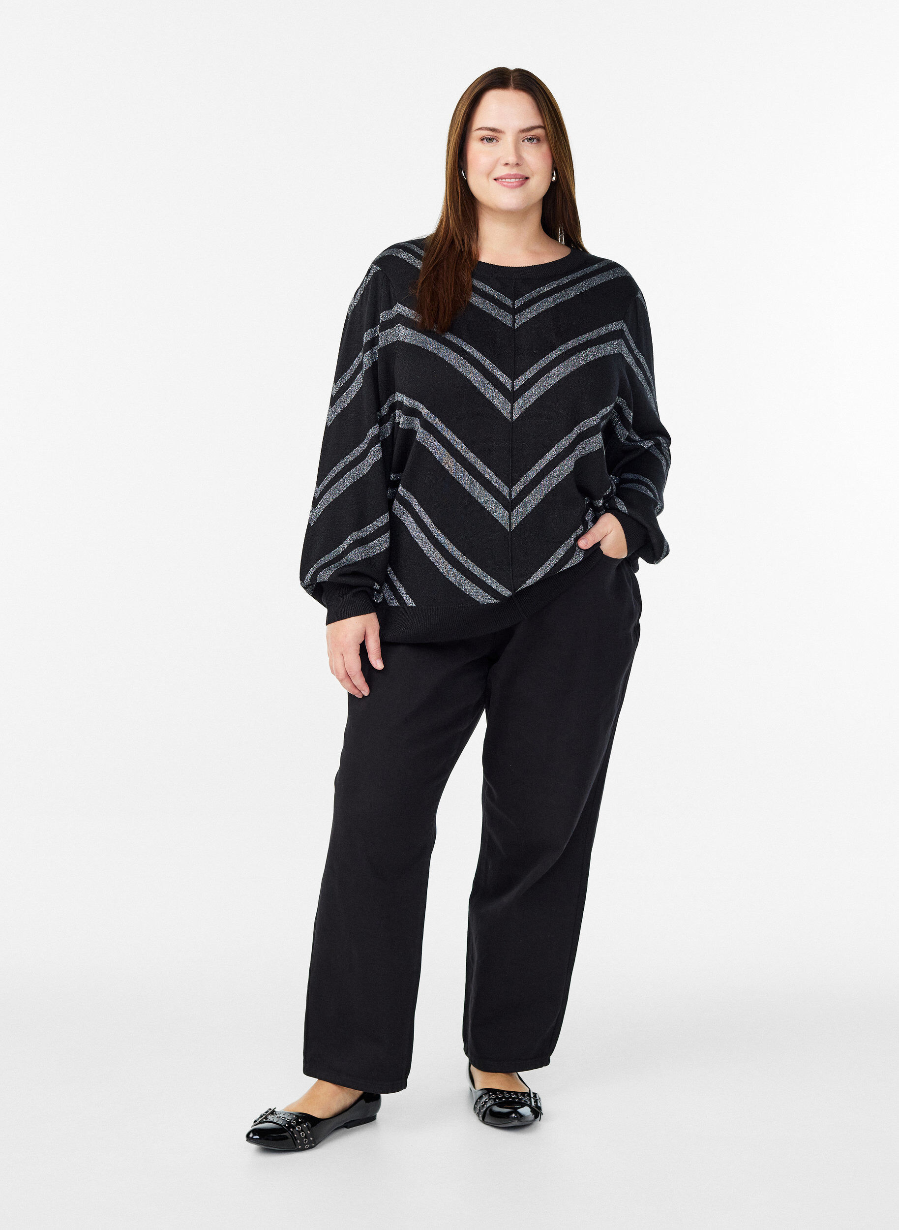 ZizziGebreide blouse met patroon en glittereffect, Zwart, Model image number 1