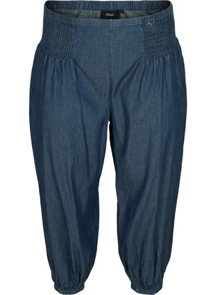 Losse katoenen broek met smokwerk, Medium Blue Denim, Packshot image number 0