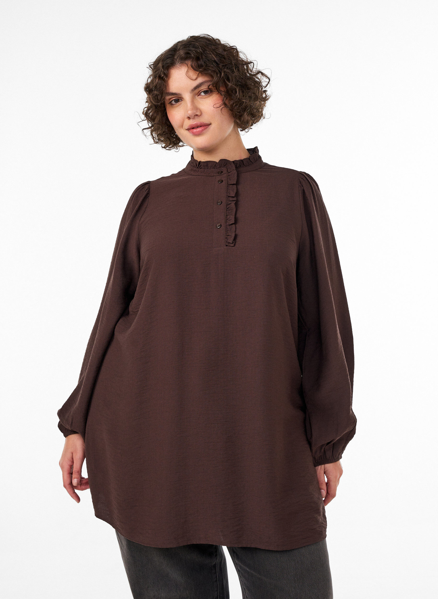 ZizziTunique en viscose avec volants et boutons, Marron, Model image number 0