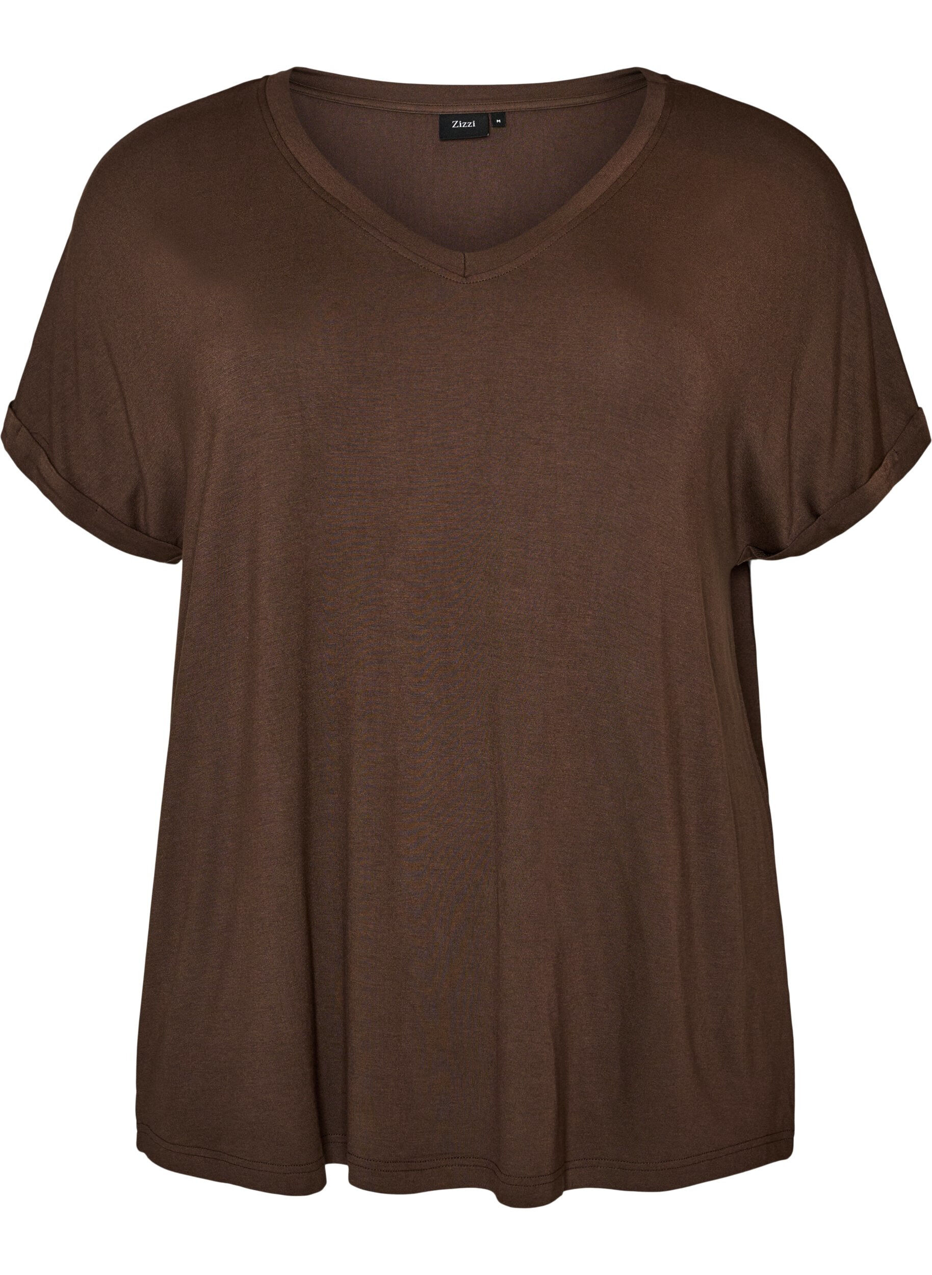 ZizziBasic T-shirt met V-hals van viscose, Bruin, Packshot image number 0