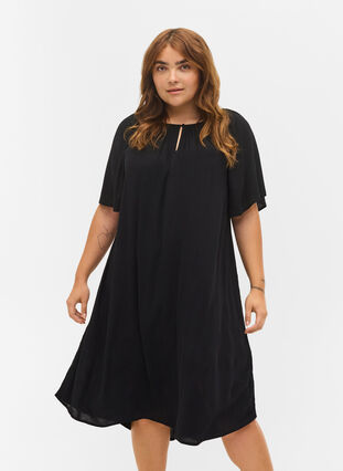 Viscose jurk met korte mouwen, Black, Model image number 0