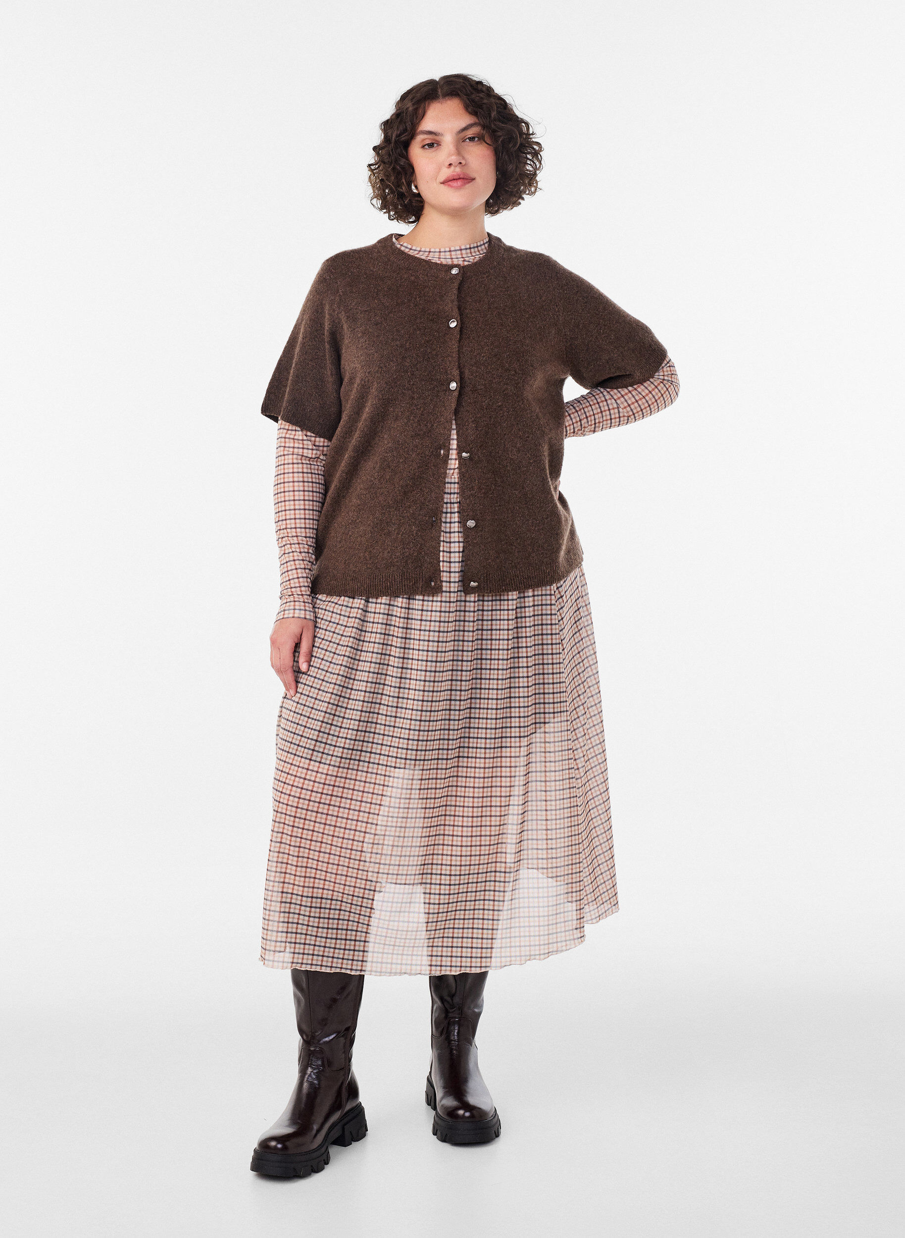 Geruite mesh blouse, Beige, Model