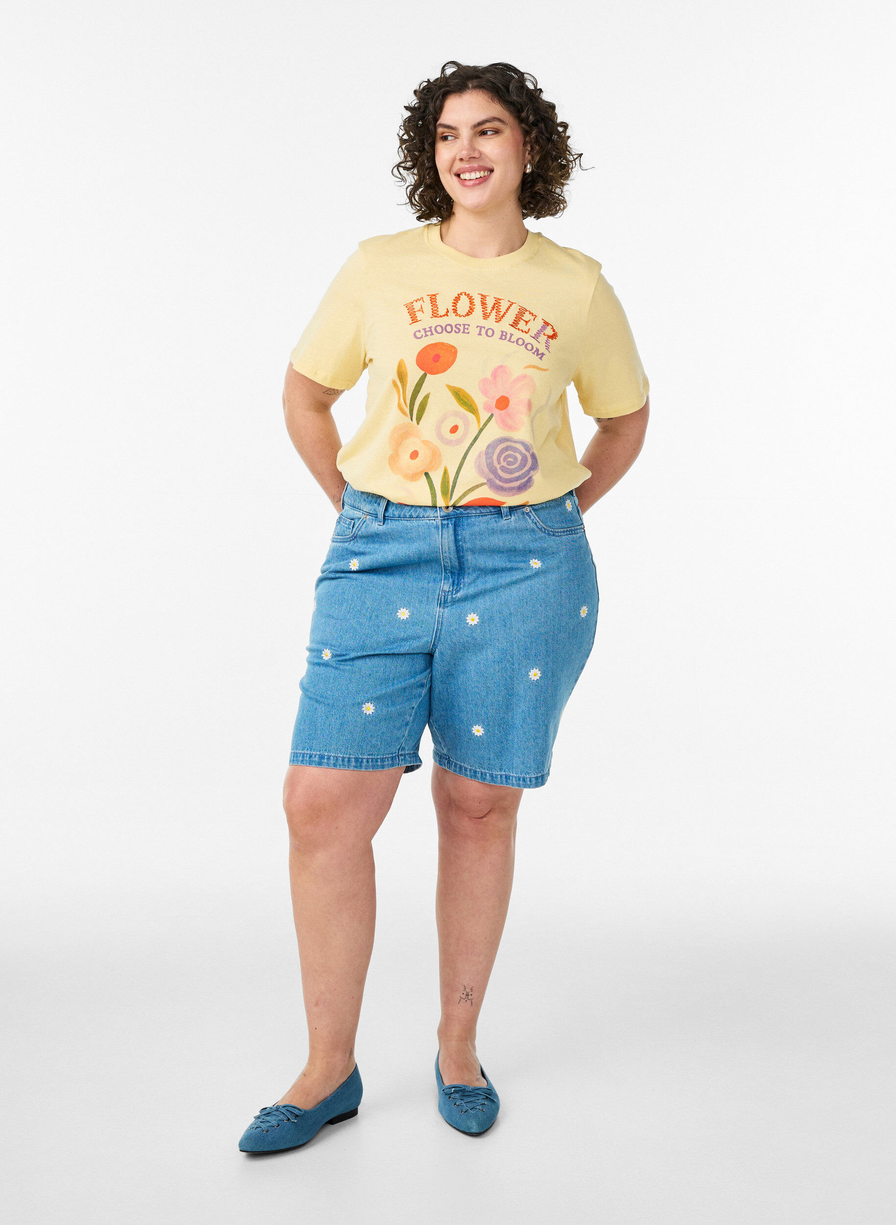 ZizziKatoenen T-shirt met print, Geel, Model image number 1