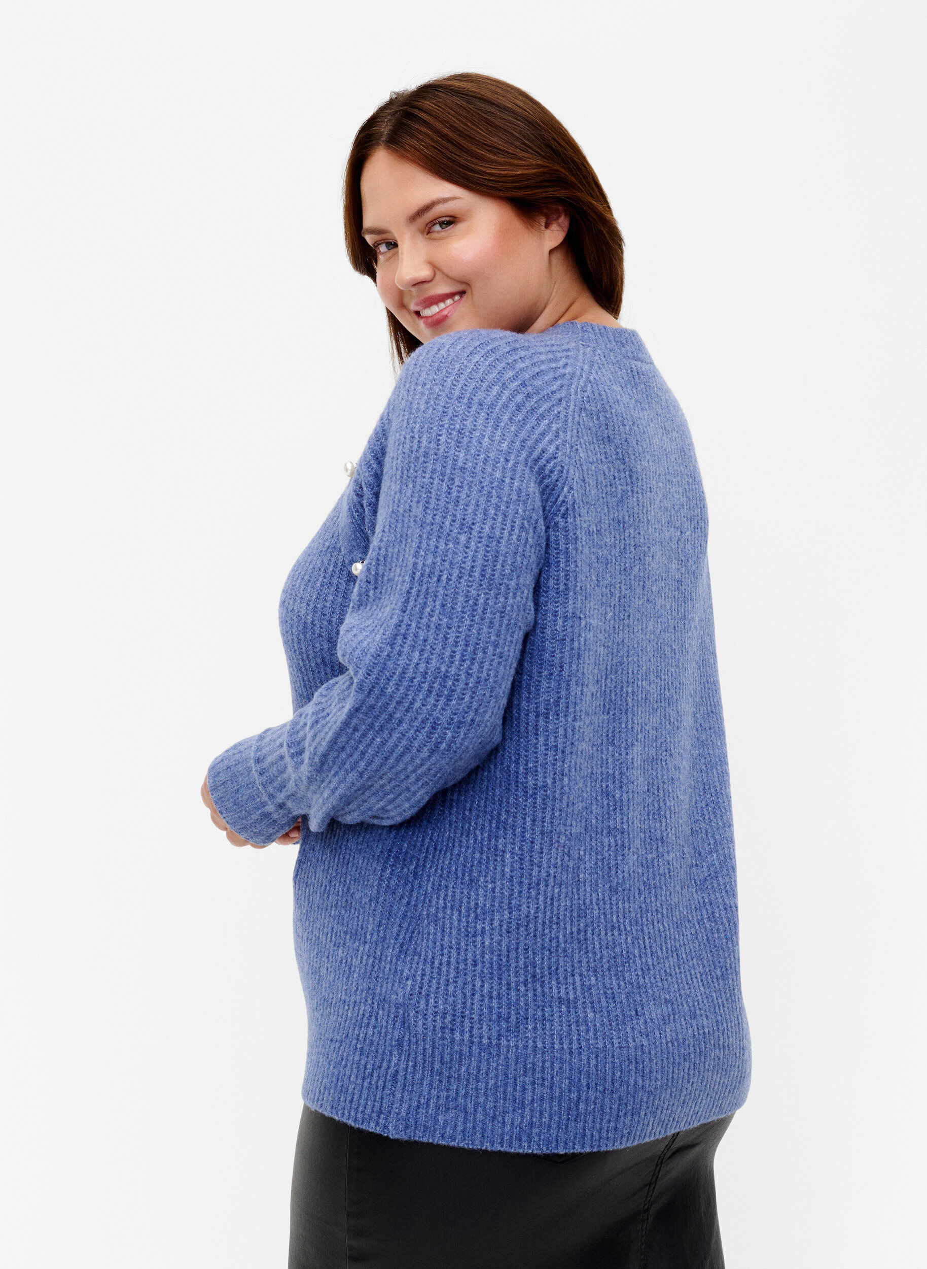 ZizziGem&ecirc;leerde pullover met parelknopen, Coastal Fjord Mel., Model image number 1