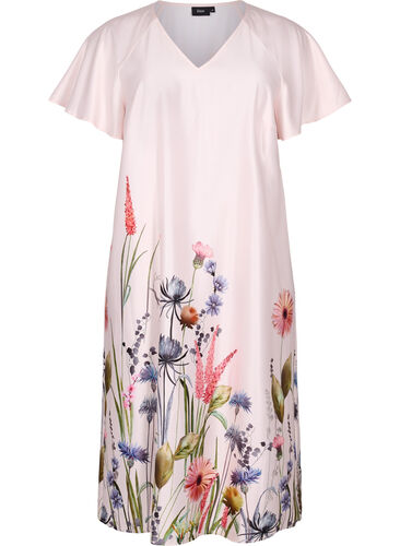 	 Taille jurk met bloemenprint en korte mouwen, White Sand, Packshot image number 0