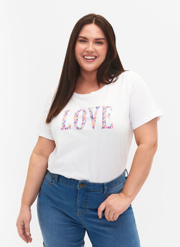 T-shirt en coton à col rond et imprimé, Bright White W. Love, Model image number 0