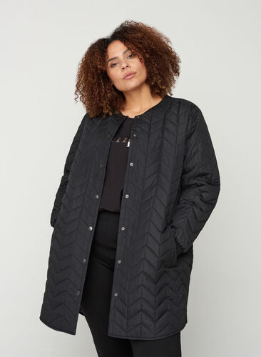 Lange gewatteerde jas met knoopsluiting, Black, Model image number 0