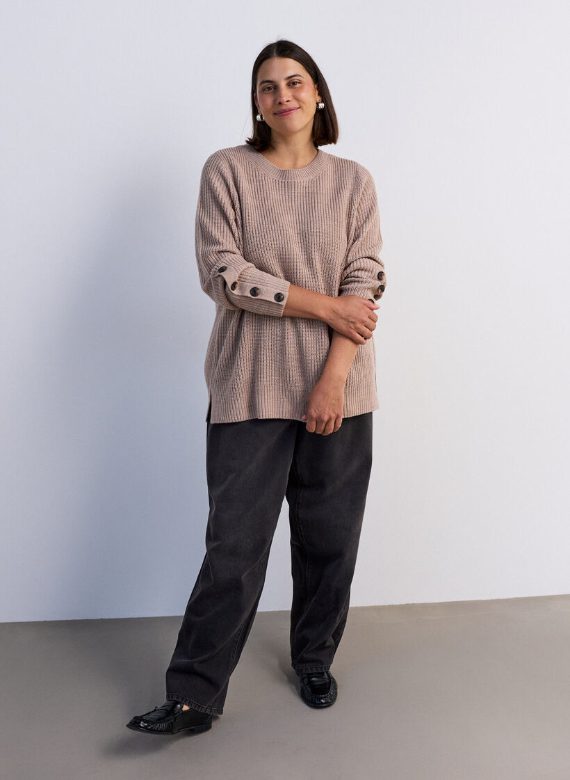 Gebreide blouse met ribstructuur en knoopdetails, Beige, Model image number 1