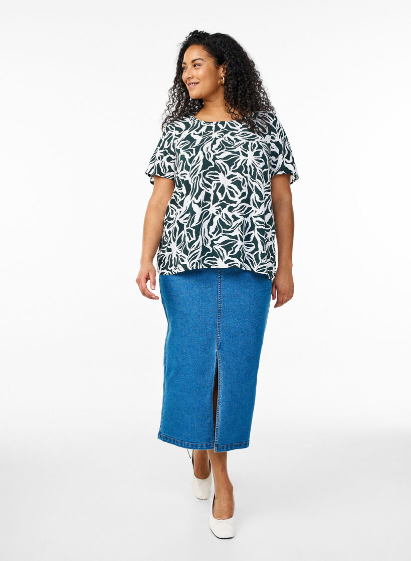 Viscose blouse met korte mouwen en print, Groen, Model image number 1