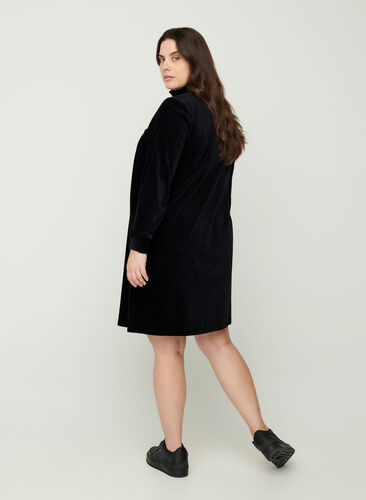 Velours jurk met hoge hals en ritssluiting, Black, Model image number 1